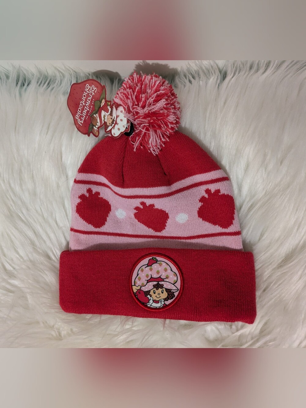 Strawberry Shortcake Knit Hat Toque Winter Beanie Red Pink Pom Pom New with Tags